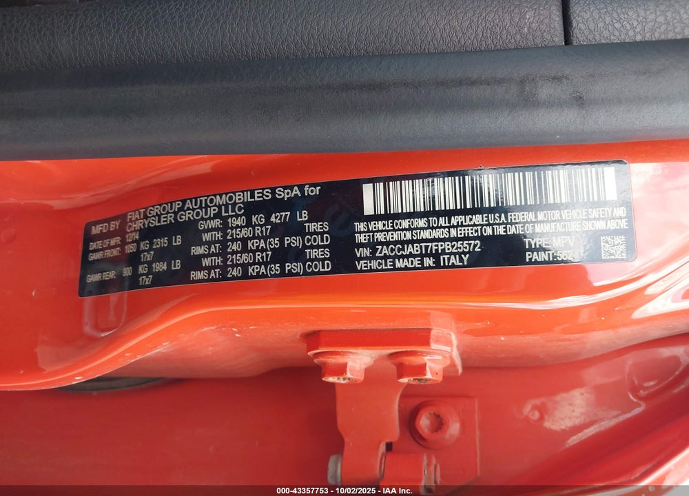 2015 JEEP RENEGADE VIN: ZACCJABT7FPB25572