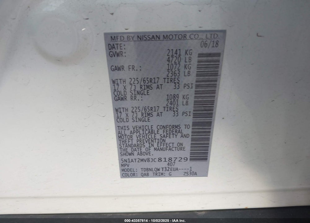 2018 NISSAN ROGUE VIN: 5N1AT2MV8JC818729