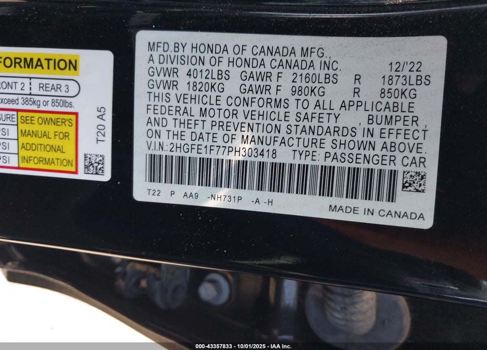 2023 HONDA CIVIC EX /EX W/O BSI VIN: 2HGFE1F77PH303418