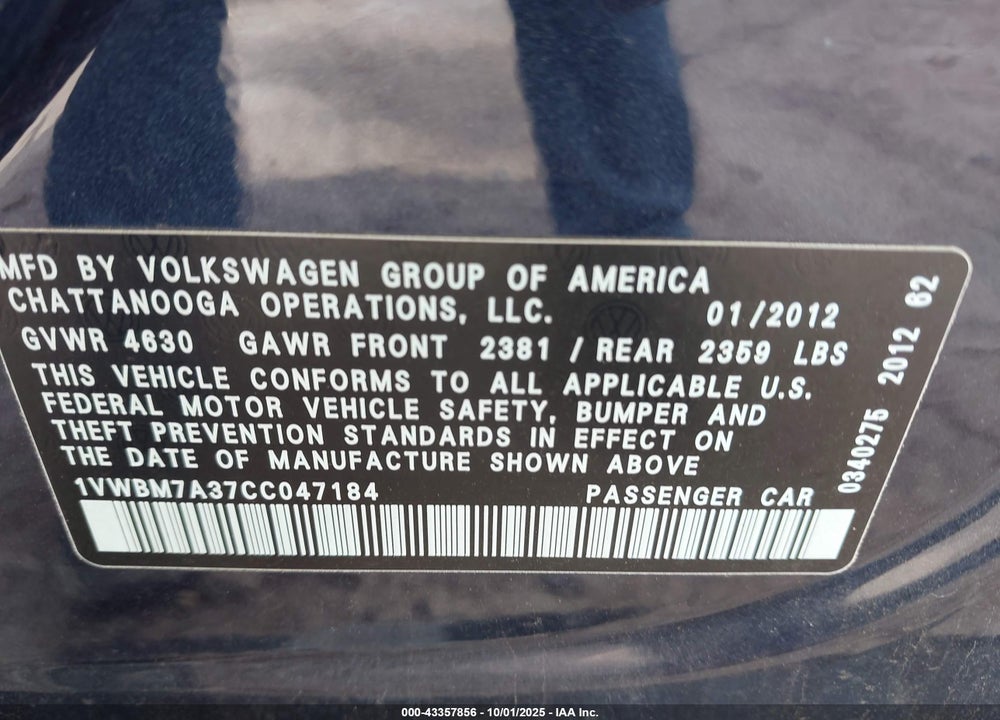 2012 VOLKSWAGEN PASSAT VIN: 1VWBM7A37CC047184