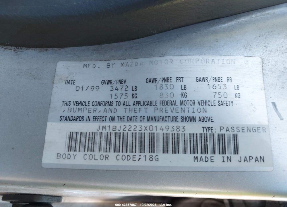 1999 MAZDA PROTEGE DX/LX VIN: JM1BJ2223X0149383