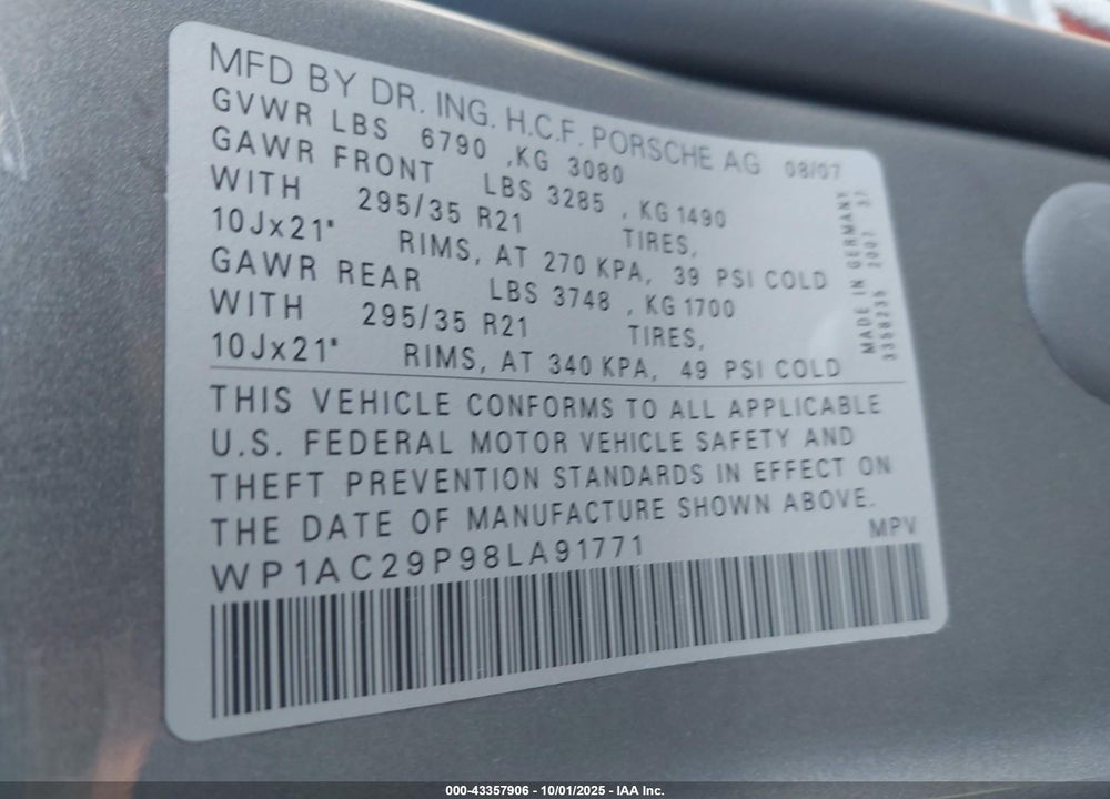 2008 PORSCHE CAYENNE TURBO VIN: WP1AC29P98LA91771