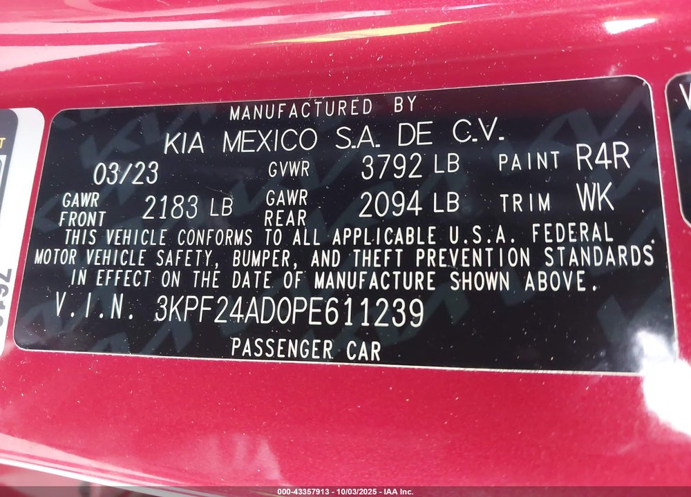 2023 KIA FORTE LXS VIN: 3KPF24AD0PE611239