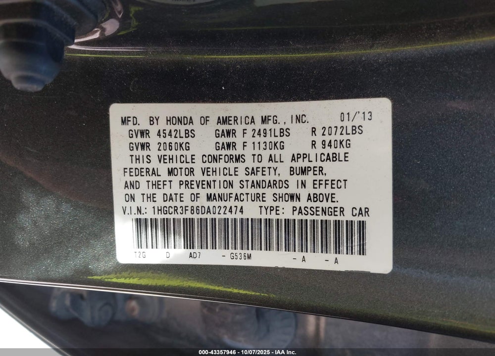 2013 HONDA ACCORD EX-L V-6 VIN: 1HGCR3F86DA022474