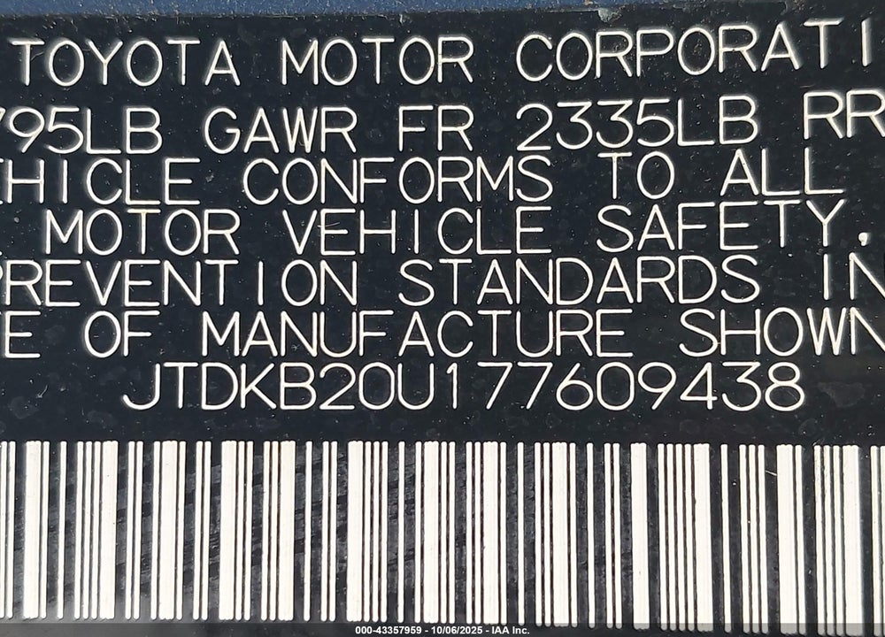 2007 TOYOTA PRIUS VIN: JTDKB20U177609438