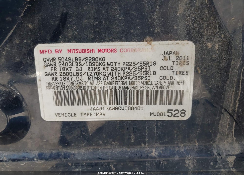 2012 MITSUBISHI OUTLANDER VIN: JA4JT3AW6CU000401