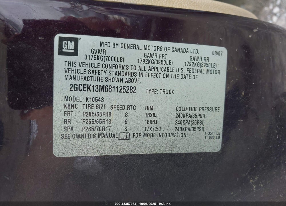 2008 CHEVROLET SILVERADO 1500 VIN: 2GCEK13M681125282