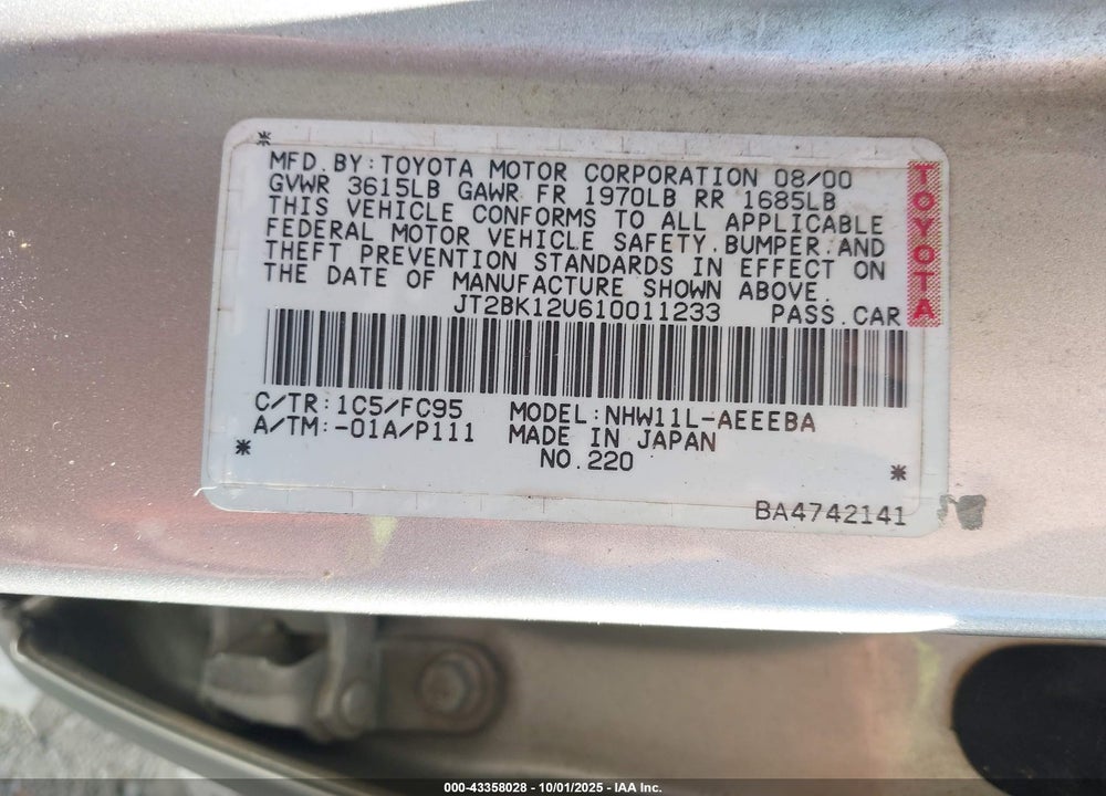2001 TOYOTA PRIUS VIN: JT2BK12U610011233