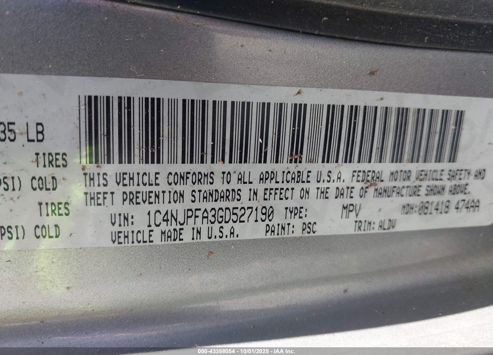 2016 JEEP PATRIOT VIN: 1C4NJPFA3GD527190