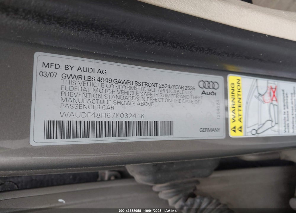 2007 AUDI A4 2.0T VIN: WAUDF48H67K032416