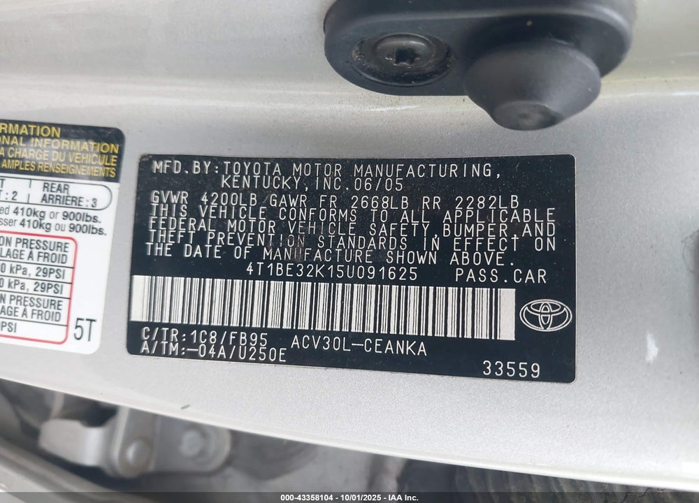 2005 TOYOTA CAMRY STD/ VIN: 4T1BE32K15U091625
