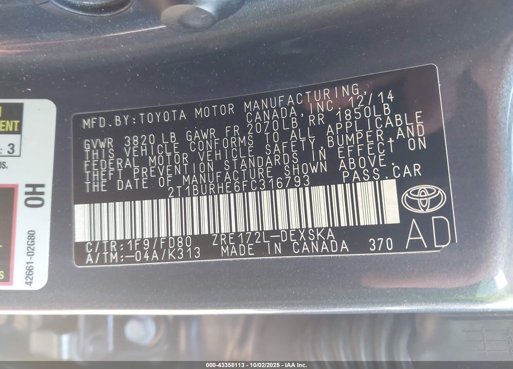 2015 TOYOTA COROLLA S PLUS VIN: 2T1BURHE6FC316793