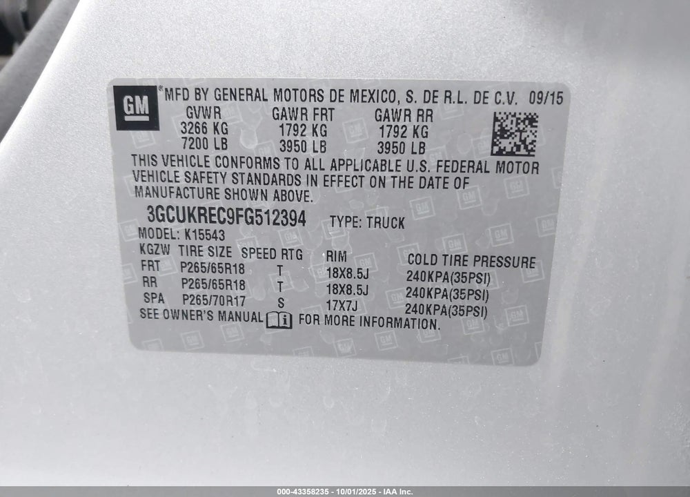 2015 CHEVROLET SILVERADO 1500 VIN: 3GCUKREC9FG512394