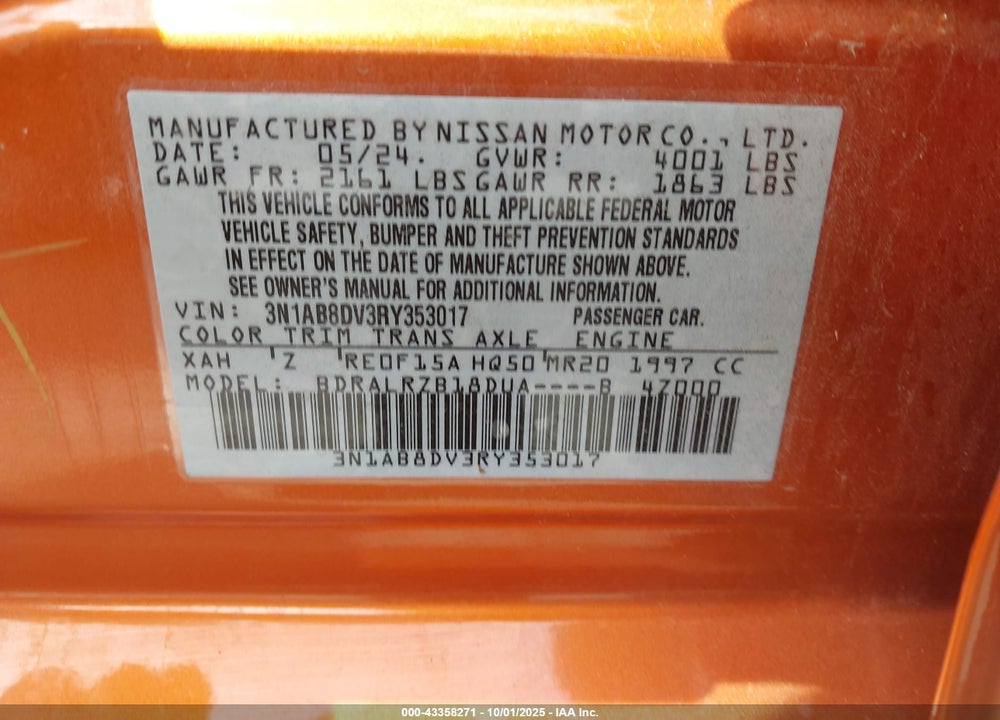 2024 NISSAN SENTRA VIN: 3N1AB8DV3RY353017