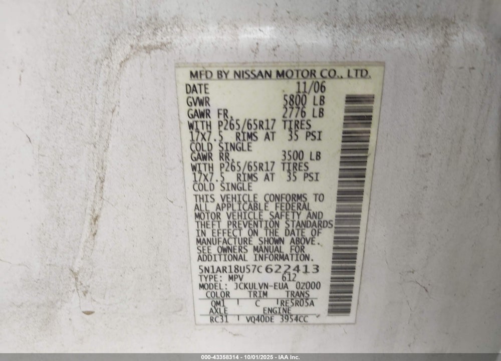 2007 NISSAN PATHFINDER LE VIN: 5N1AR18U57C622413