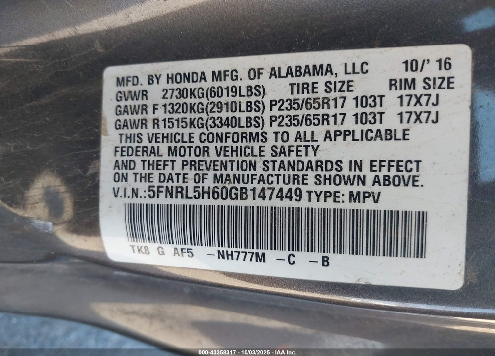 2016 HONDA ODYSSEY EX-L VIN: 5FNRL5H60GB147449
