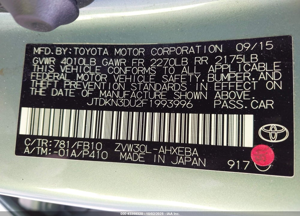 2015 TOYOTA PRIUS VIN: JTDKN3DU2F1993996