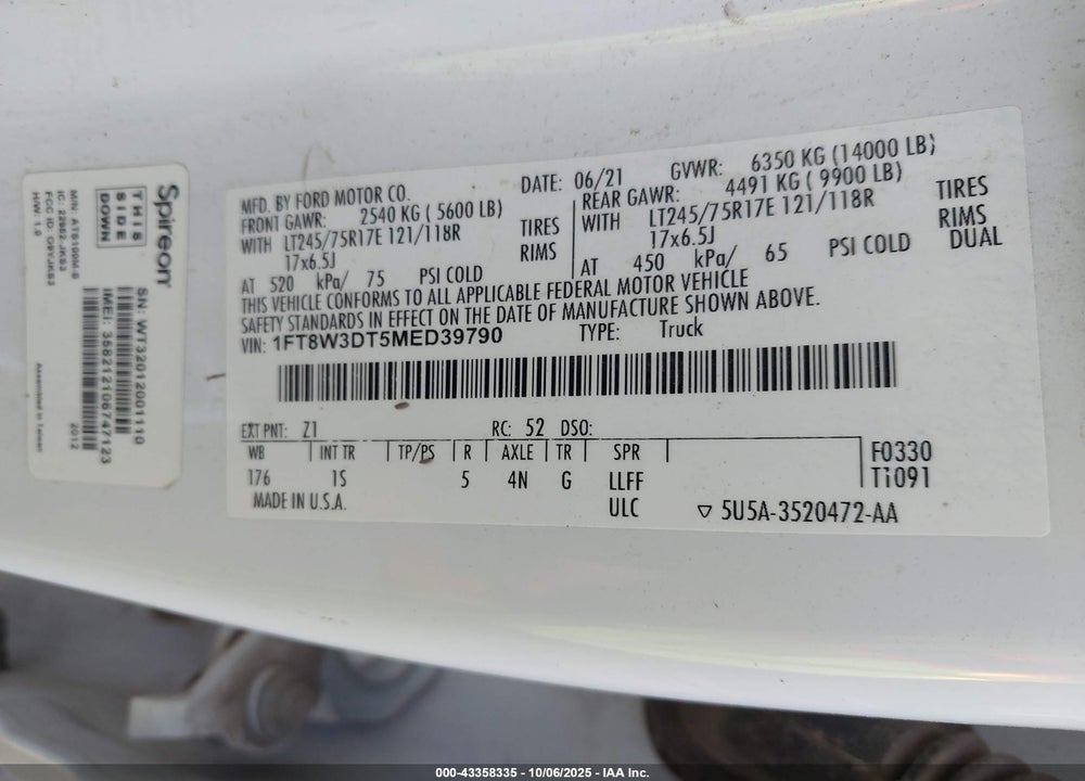 2021 FORD F-350 XL VIN: 1FT8W3DT5MED39790