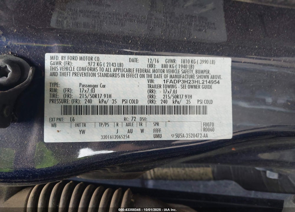 2017 FORD FOCUS VIN: 1FADP3H23HL214954