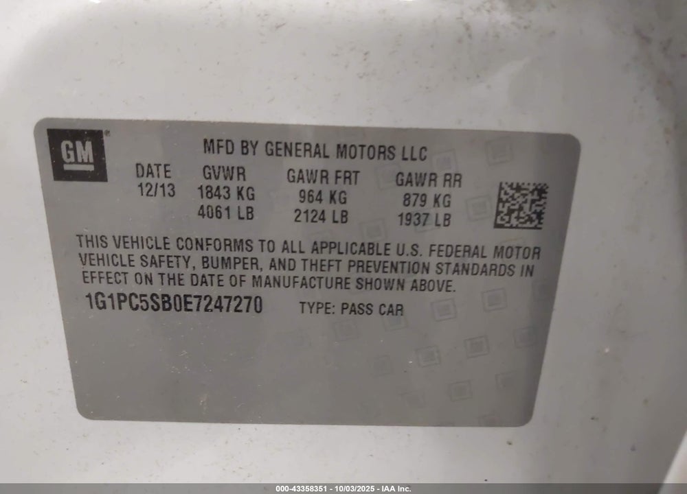 2014 CHEVROLET CRUZE VIN: 1G1PC5SB0E7247270