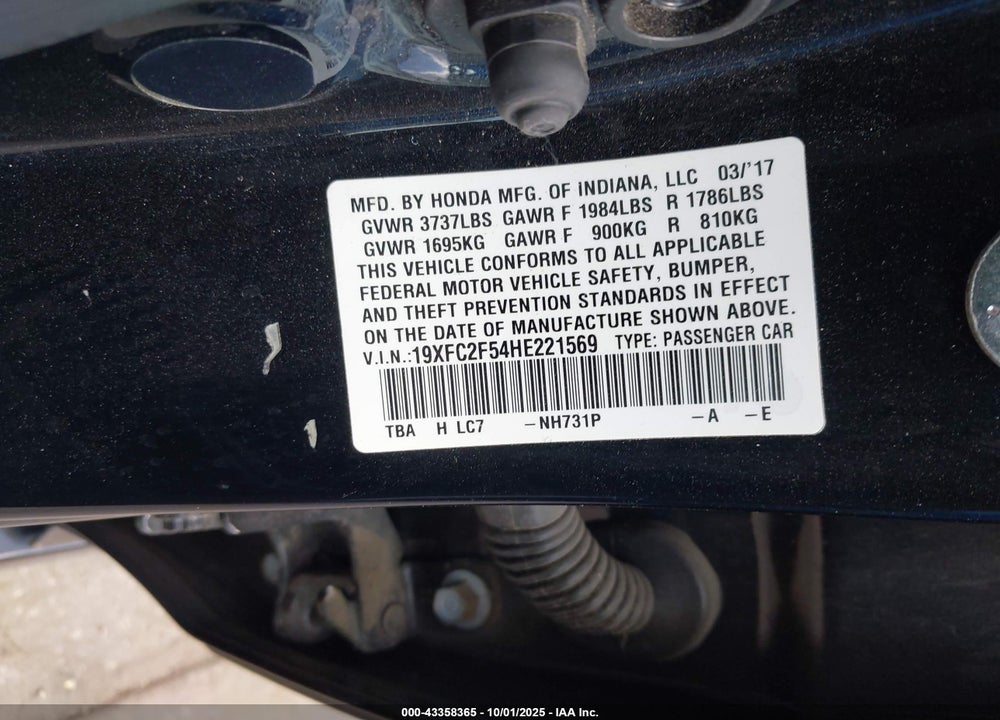 2017 HONDA CIVIC LX VIN: 19XFC2F54HE221569