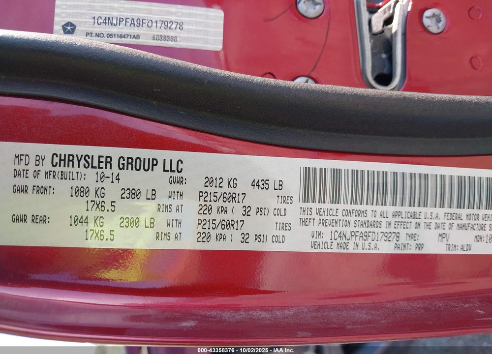 2015 JEEP PATRIOT VIN: 1C4NJPFA9FD179278