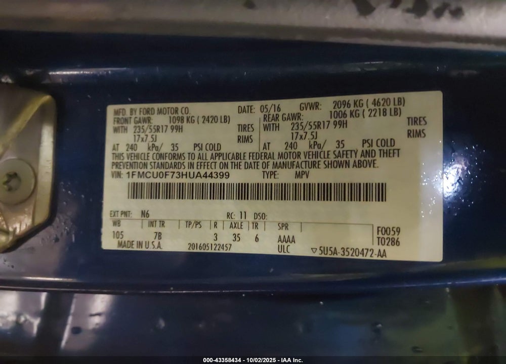 2017 FORD ESCAPE S VIN: 1FMCU0F73HUA44399