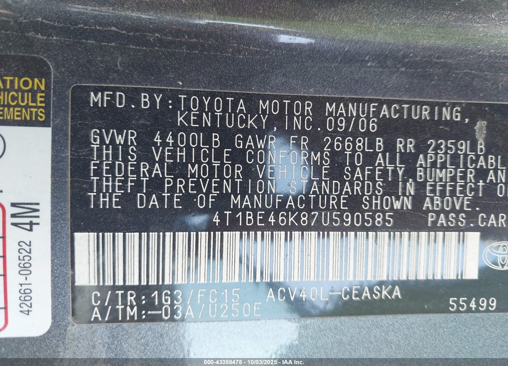 2007 TOYOTA CAMRY VIN: 4T1BE46K87U590585