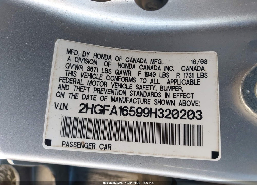 2009 HONDA CIVIC VIN: 2HGFA16599H320203