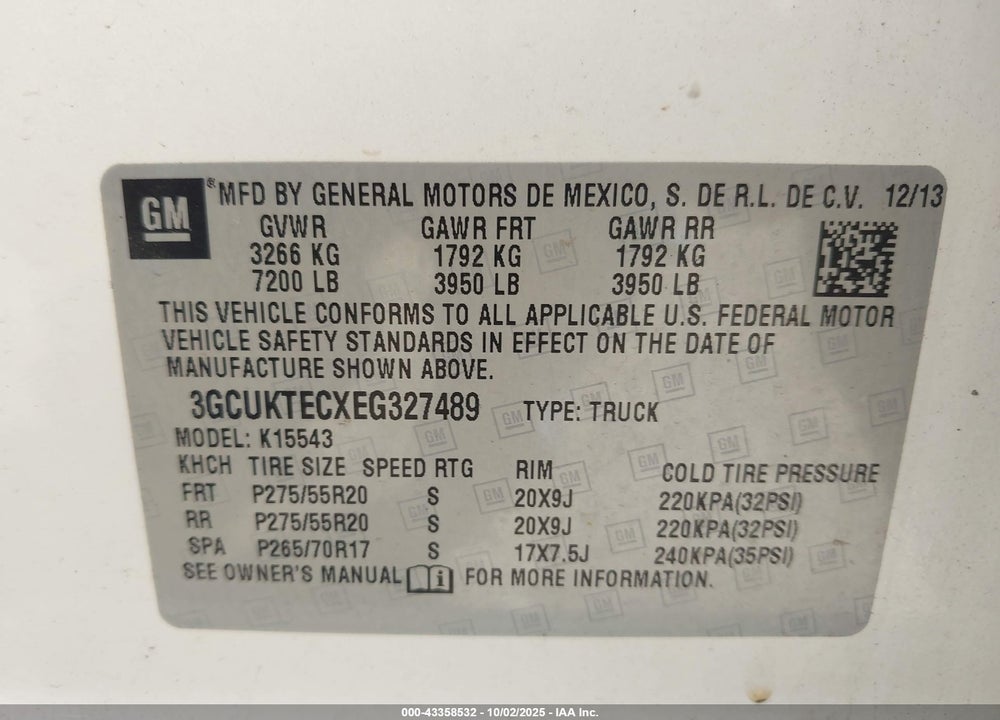 2014 CHEVROLET SILVERADO 1500 VIN: 3GCUKTECXEG327489
