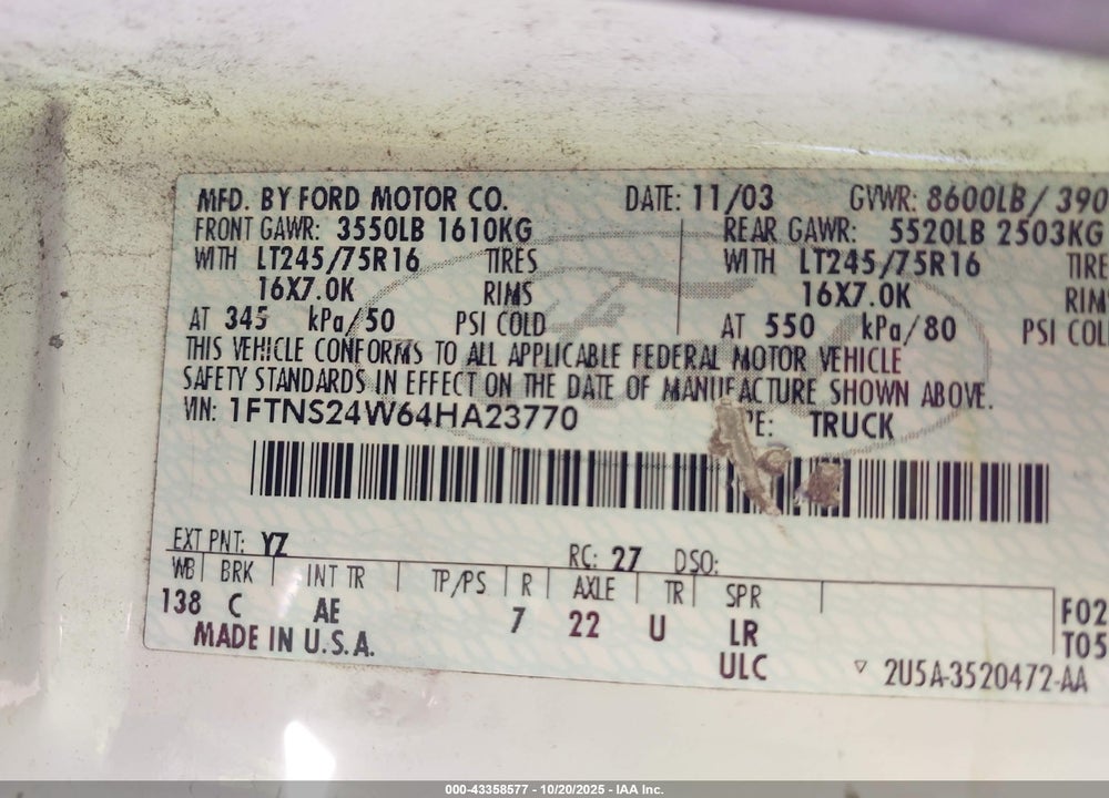 2004 FORD E-250 COMMERCIAL/RECREATIONAL VIN: 1FTNS24W64HA23770