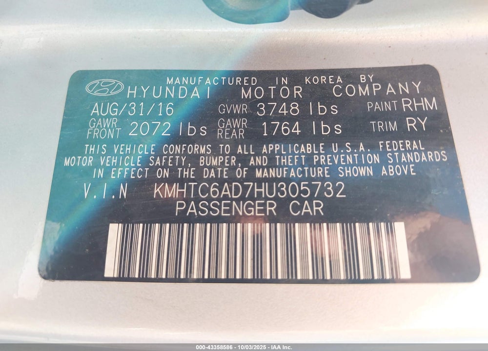 2017 HYUNDAI VELOSTER VIN: KMHTC6AD7HU305732