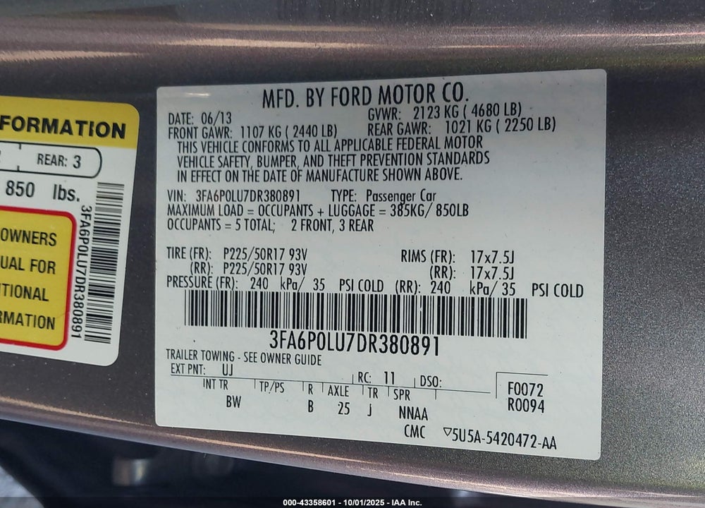 2013 FORD FUSION VIN: 3FA6P0LU7DR380891