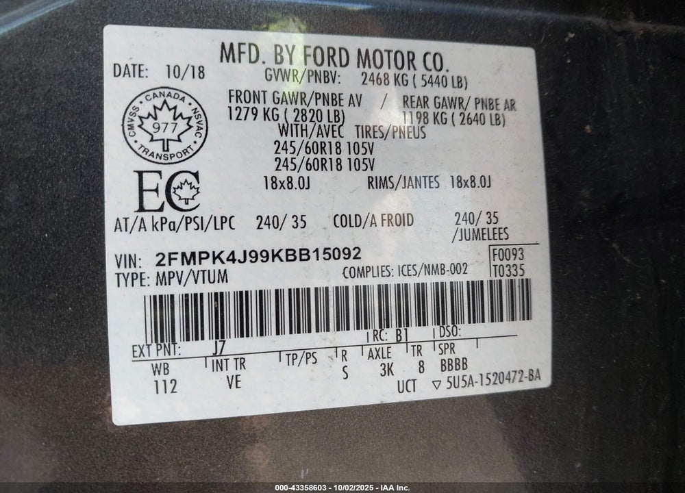 2019 FORD EDGE VIN: 2FMPK4J99KBB15092