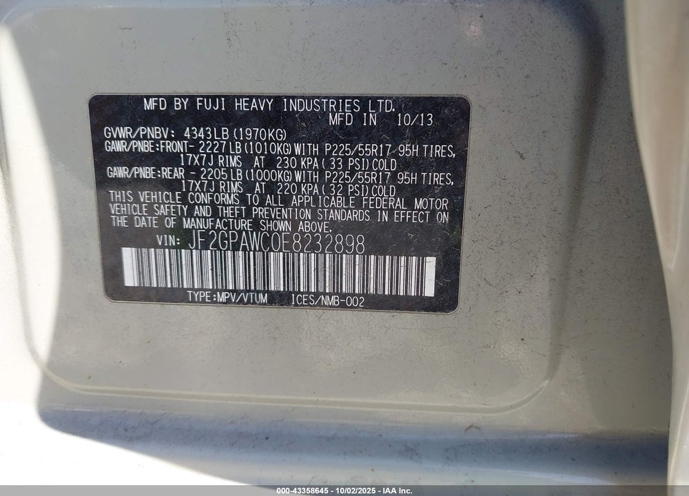 2014 SUBARU XV CROSSTREK VIN: JF2GPAWC0E8232898