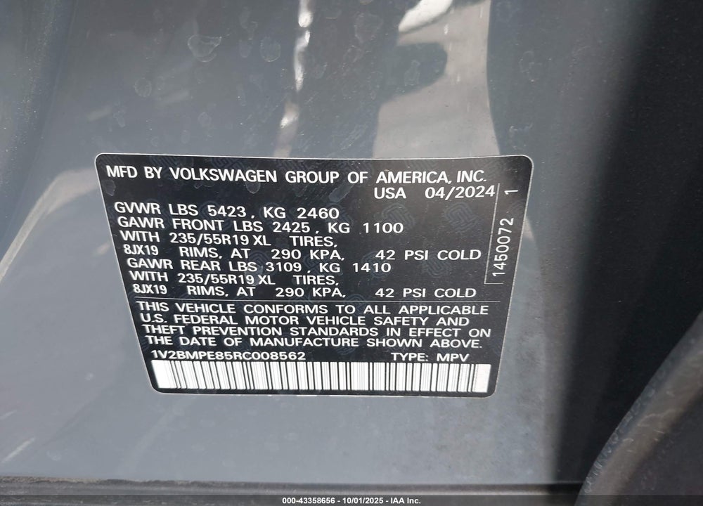 2024 VOLKSWAGEN ID.4 STANDARD VIN: 1V2BMPE85RC008562