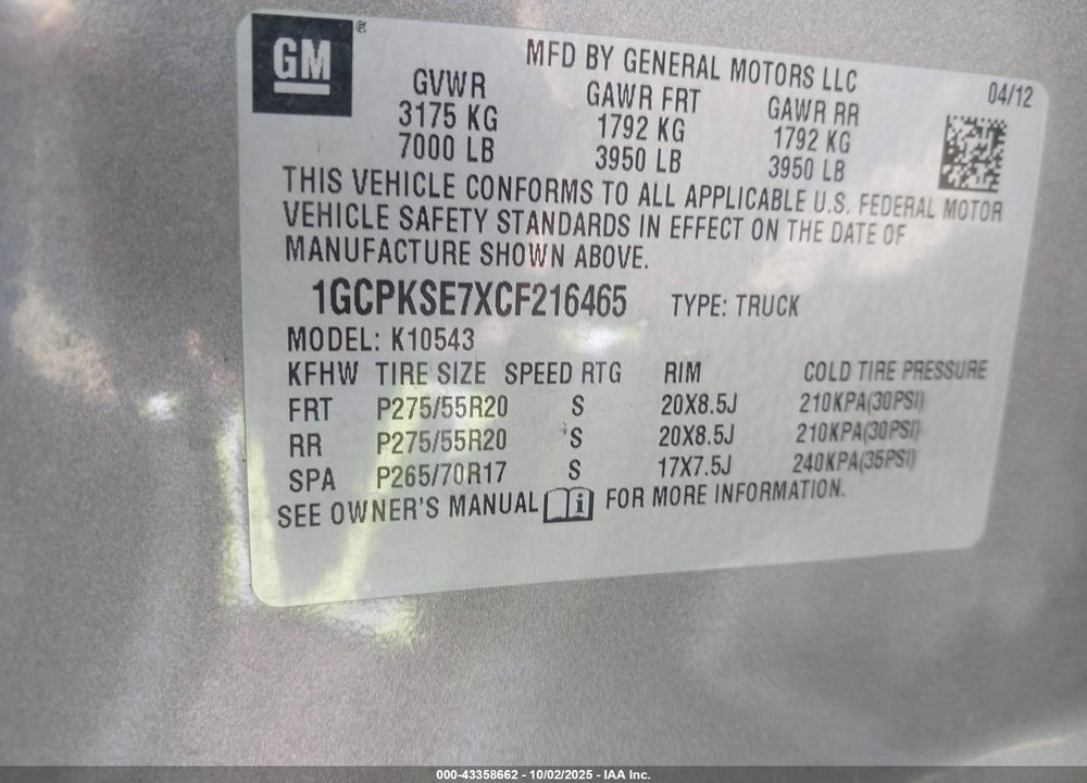 2012 CHEVROLET SILVERADO 1500 VIN: 1GCPKSE7XCF216465