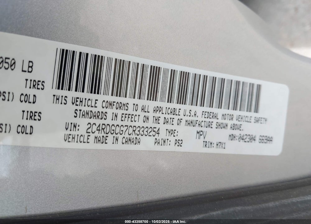2012 DODGE GRAND CARAVAN VIN: 2C4RDGCG7CR333254