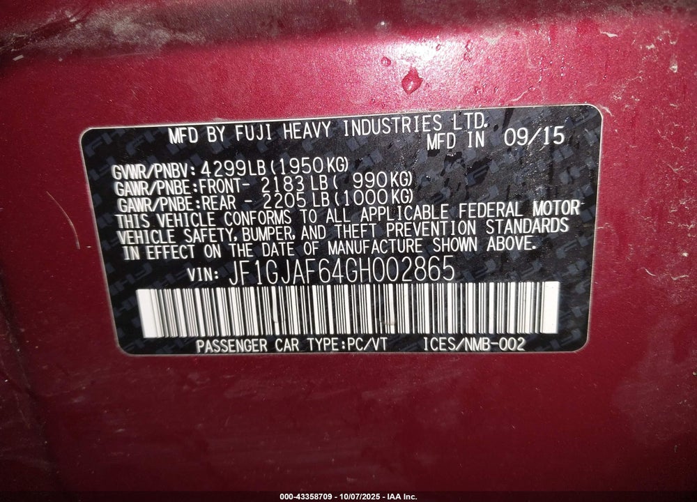 2016 SUBARU IMPREZA VIN: JF1GJAF64GH002865