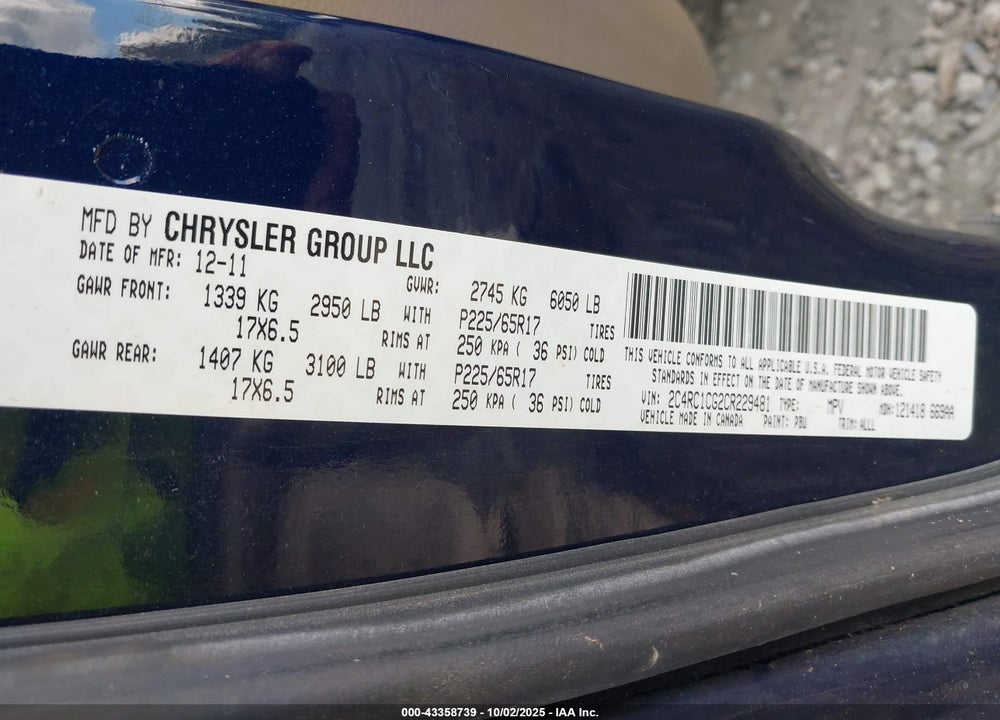 2012 CHRYSLER TOWN & COUNTRY TOURING-L VIN: 2C4RC1CG2CR229481