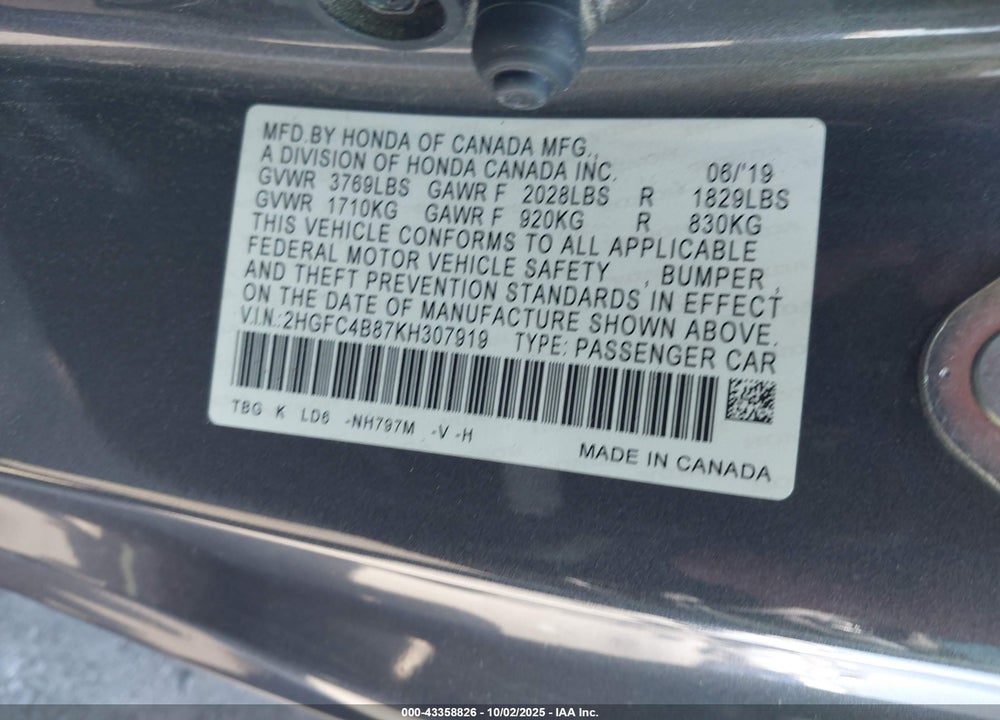2019 HONDA CIVIC SPORT VIN: 2HGFC4B87KH307919