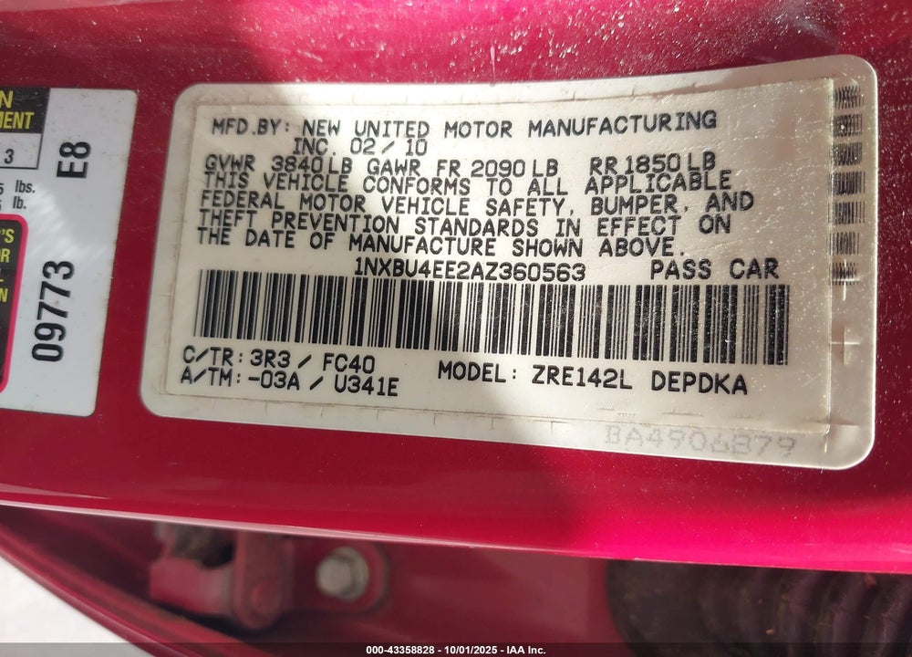 2010 TOYOTA COROLLA VIN: 1NXBU4EE2AZ360563