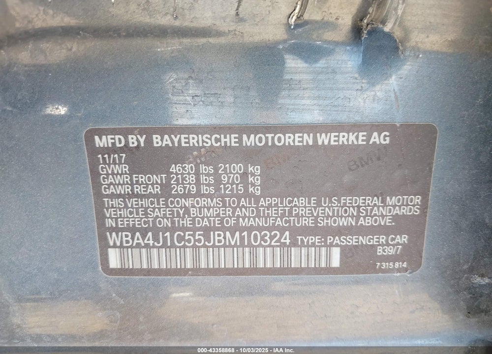 2018 BMW 430I GRAN COUPE VIN: WBA4J1C55JBM10324
