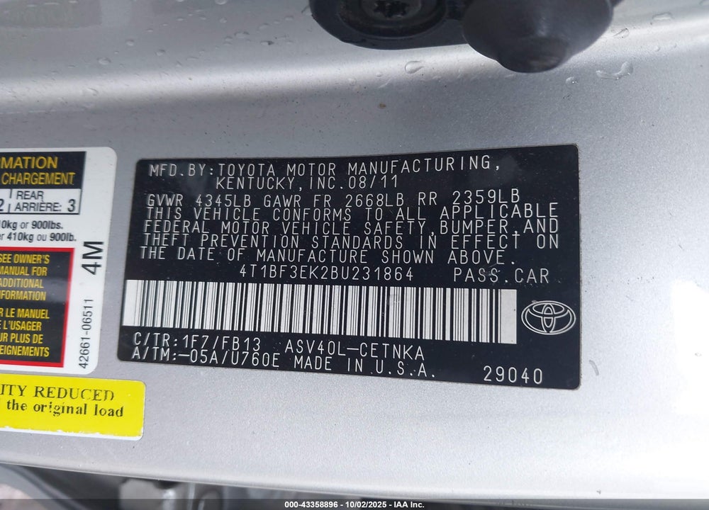 2011 TOYOTA CAMRY VIN: 4T1BF3EK2BU231864