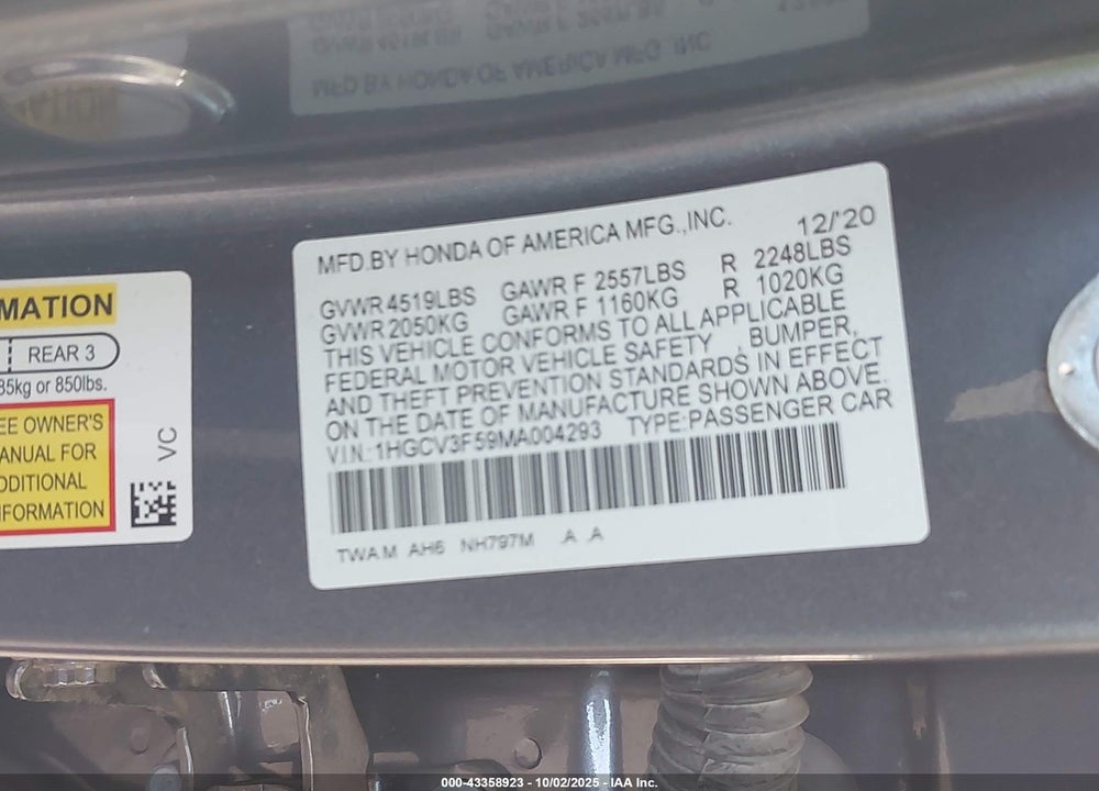 2021 HONDA ACCORD VIN: 1HGCV3F59MA004293
