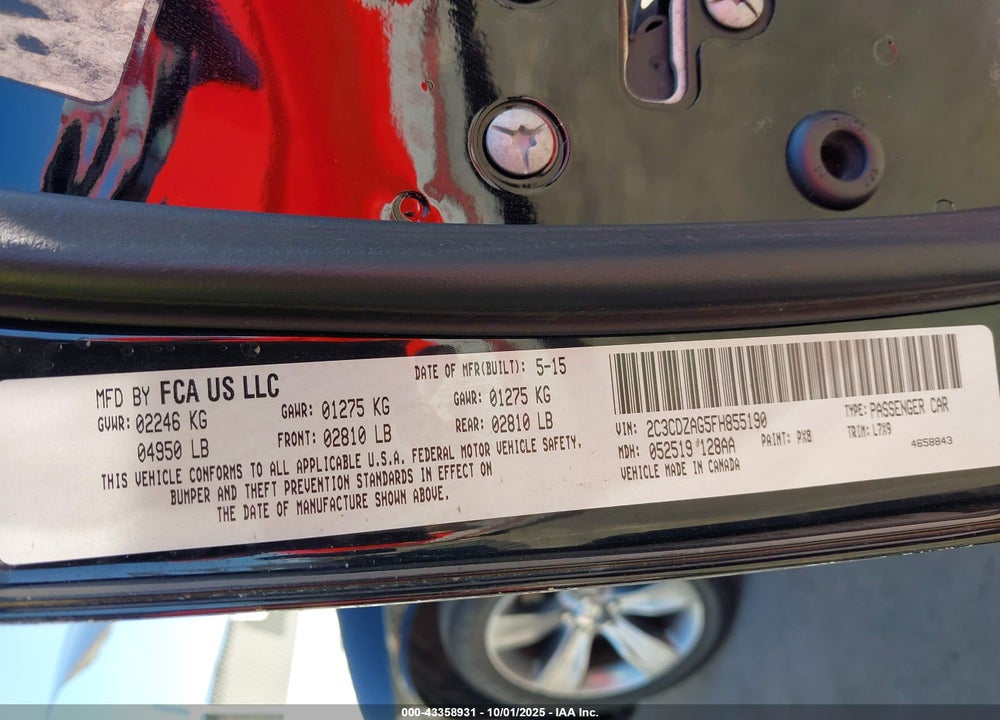 2015 DODGE CHALLENGER VIN: 2C3CDZAG5FH855190
