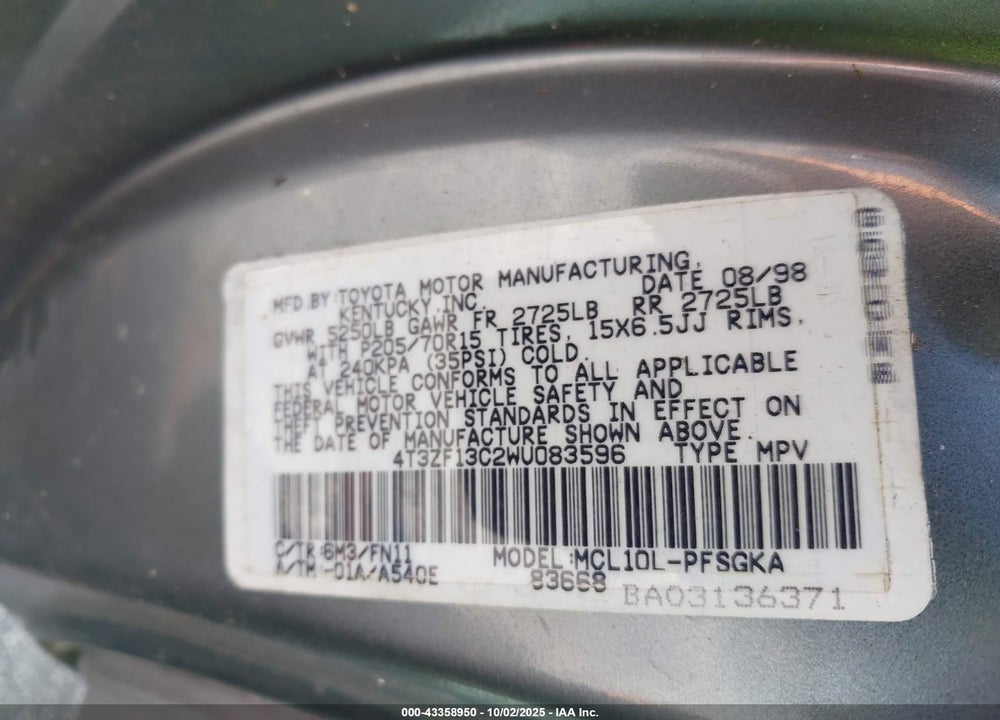 1998 TOYOTA SIENNA VIN: 4T3ZF13C2WU083596