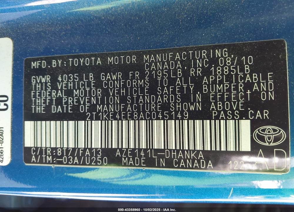 2010 TOYOTA MATRIX VIN: 2T1KE4EE8AC045149