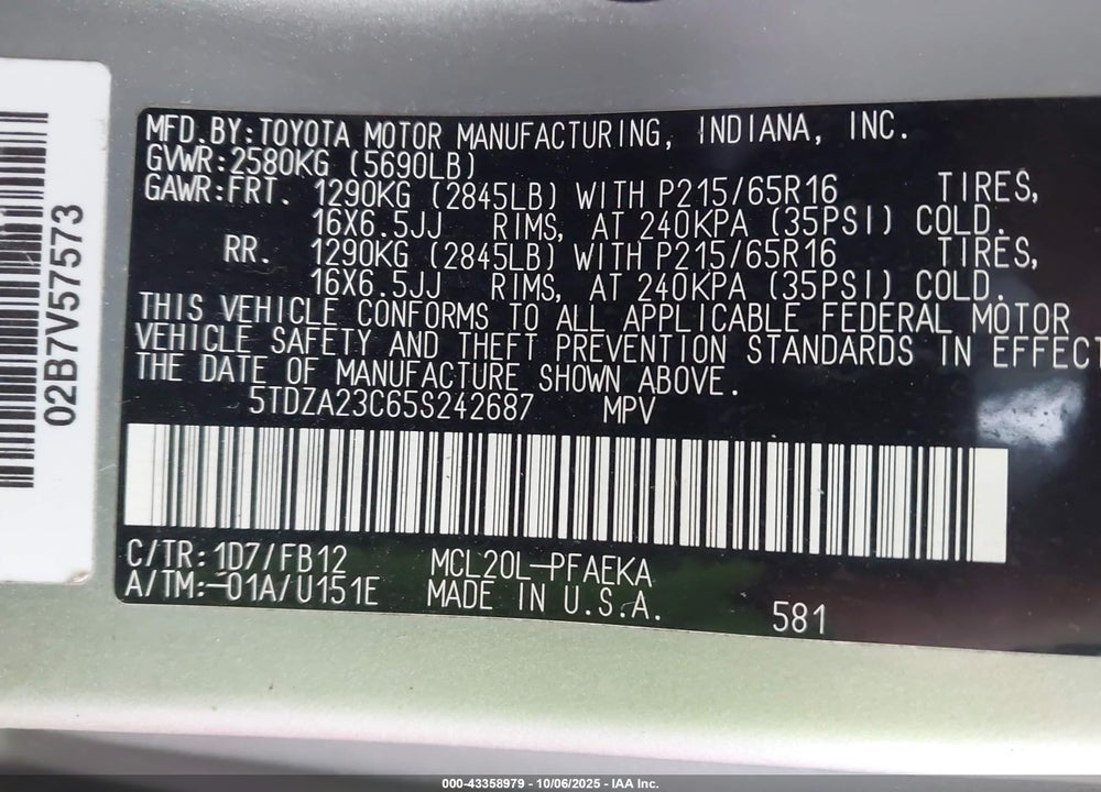 2005 TOYOTA SIENNA VIN: 5TDZA23C65S242687