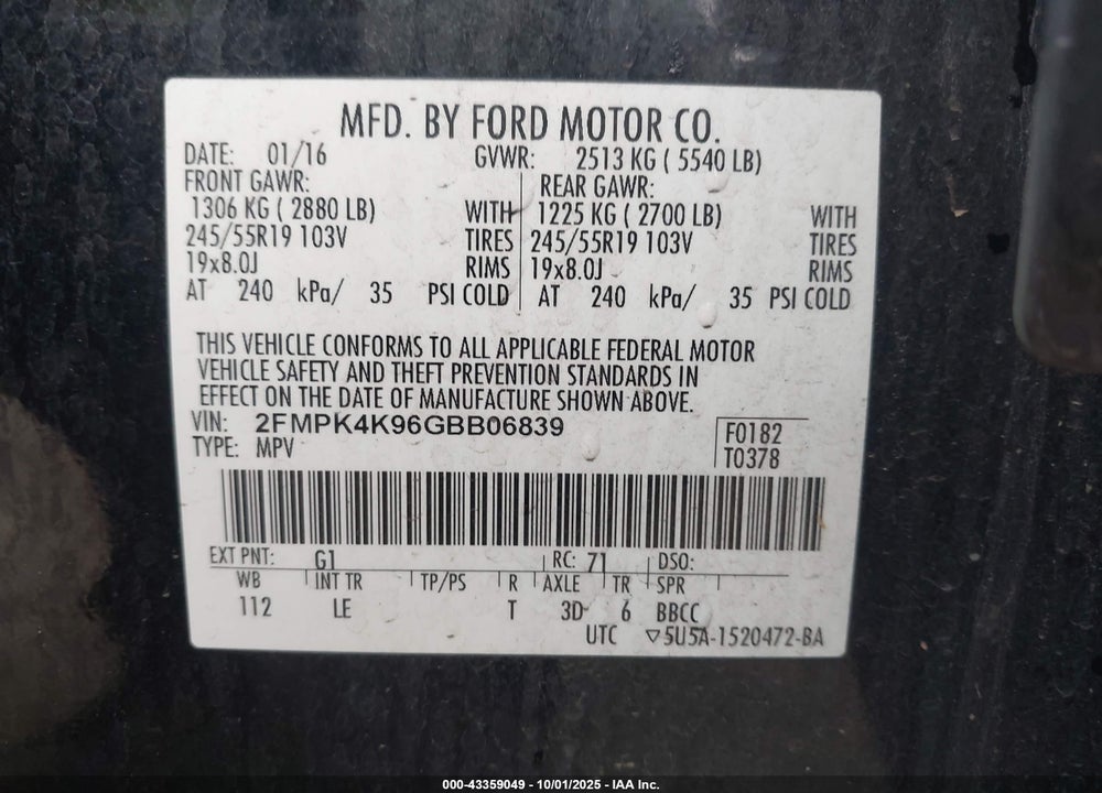 2016 FORD EDGE VIN: 2FMPK4K96GBB06839